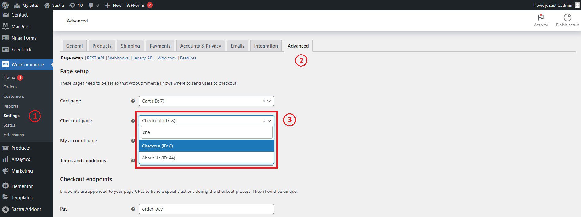 WooCommerce checkout page setting in WordPress dashboard