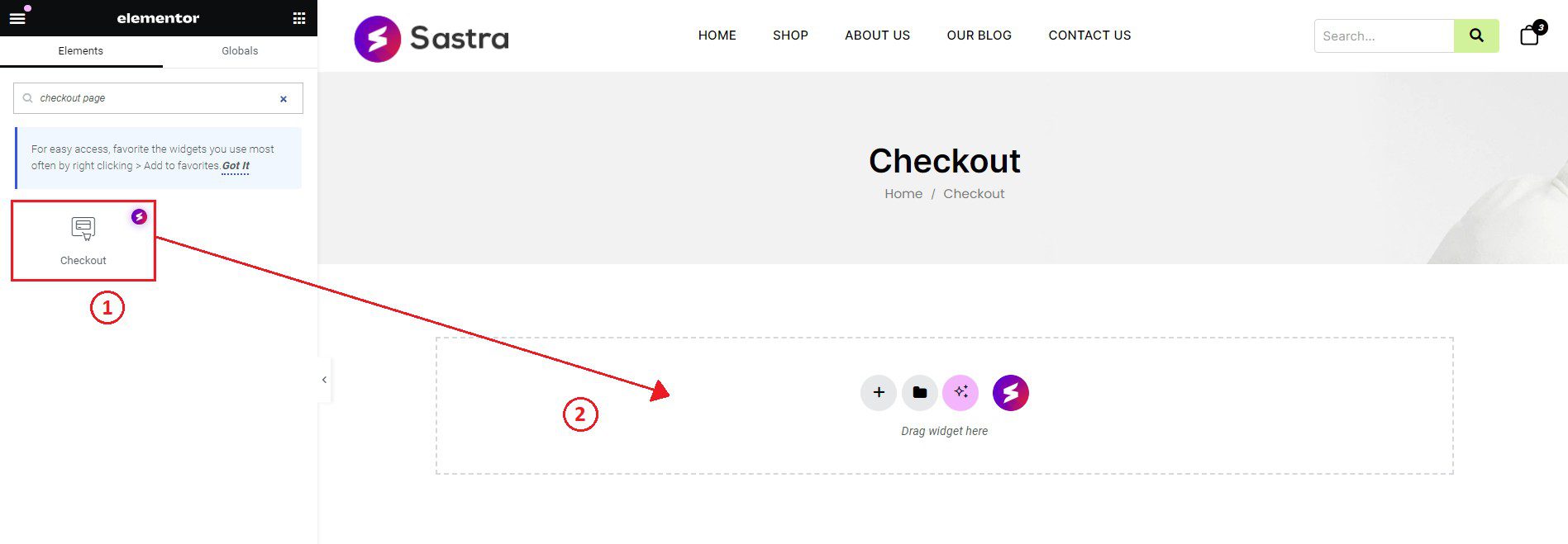 Checkout Page widget in Elementor editor