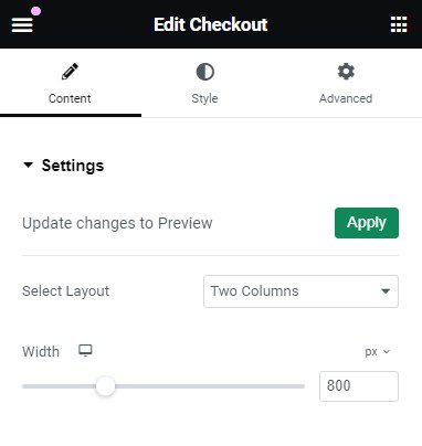 Checkout Page widget content settings in Elementor