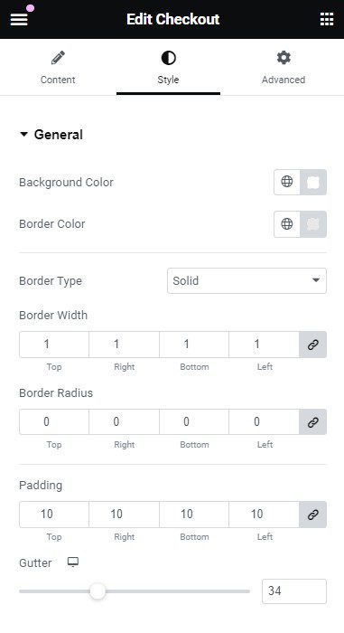 Checkout Page general style settings in Elementor