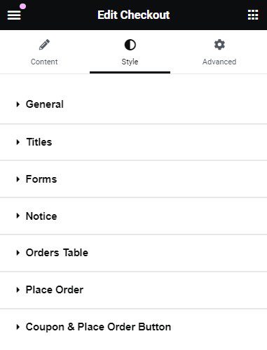 Checkout Page form and order styling settings in Elementor