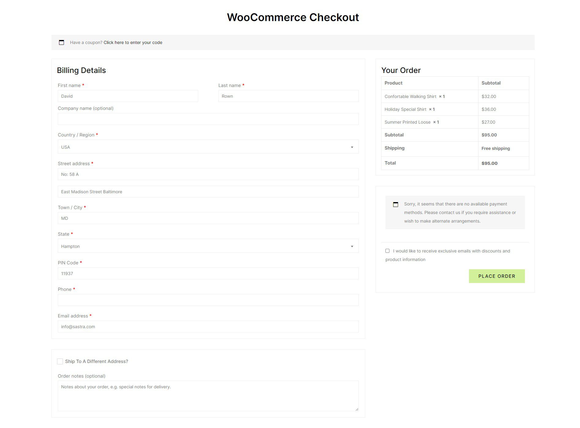 Custom WooCommerce checkout page built with Elementor