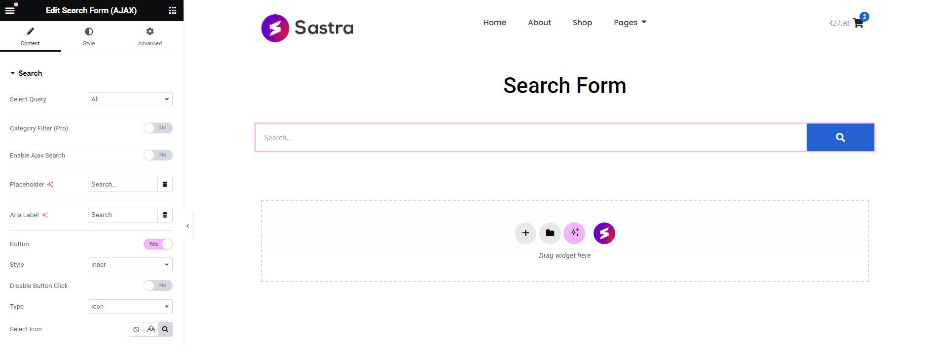 Search Form addon elementor