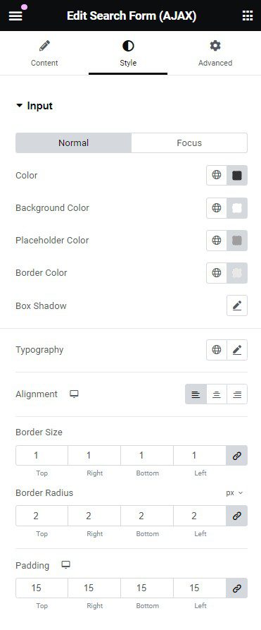 Search Form widget elementor