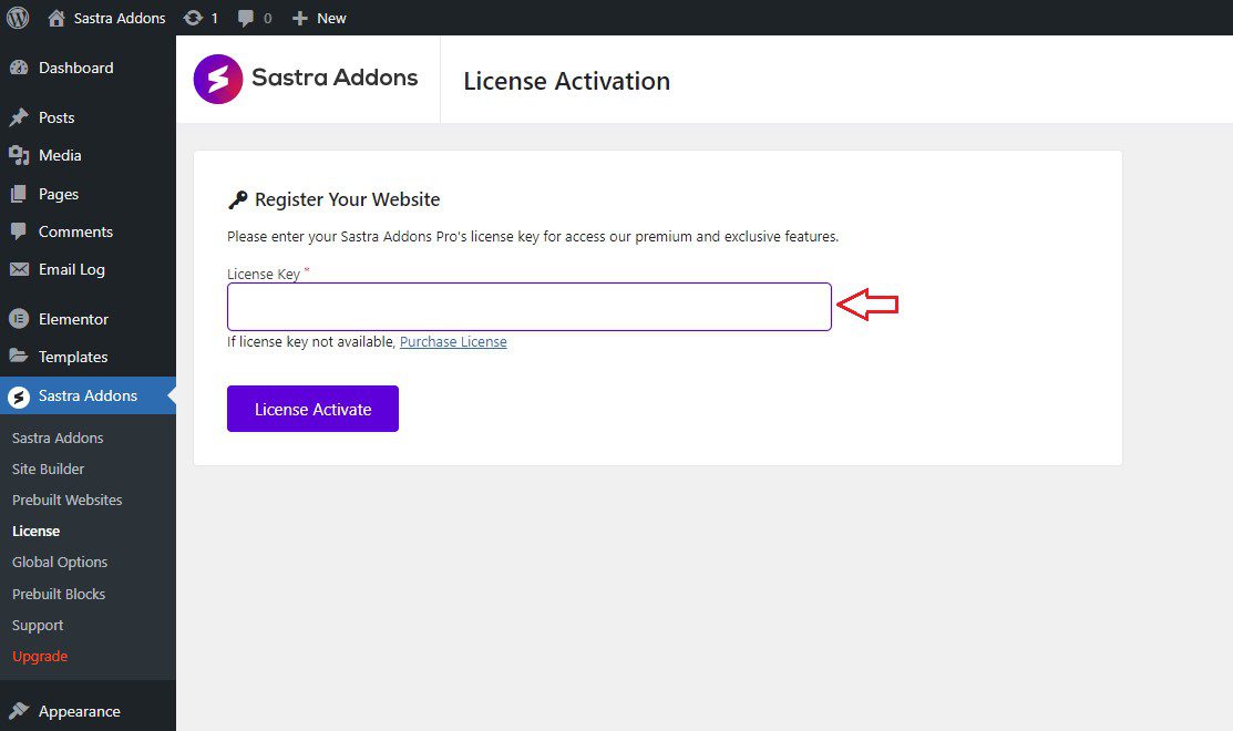 sastra addons pro license activation
