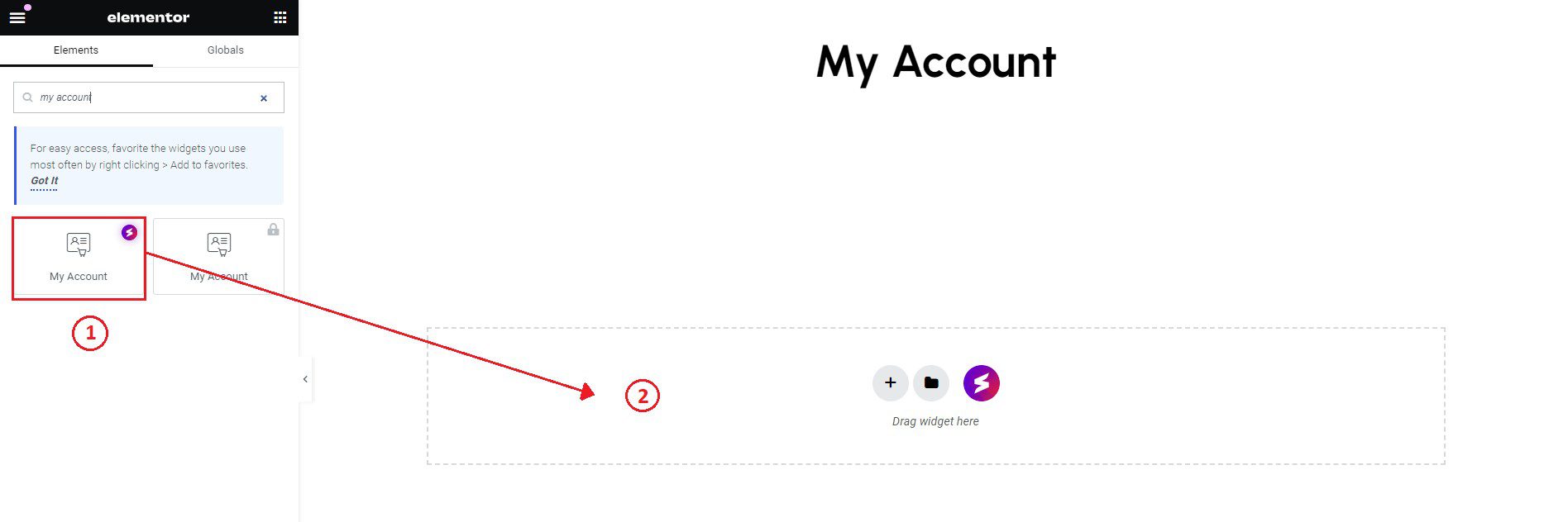 My Account widget in Elementor editor