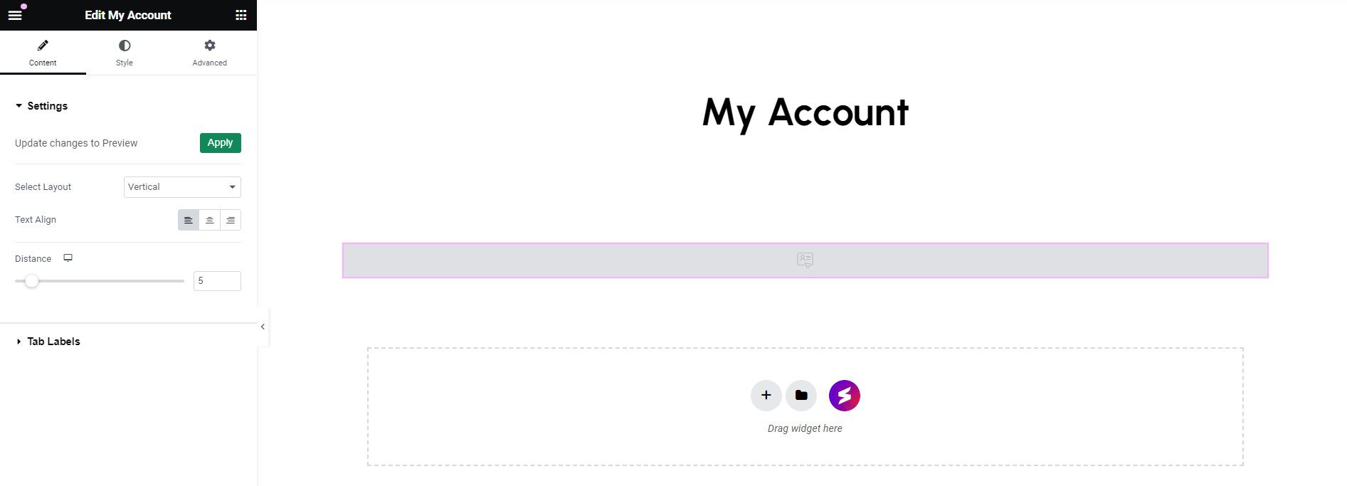 My Account widget preview inside Elementor layout