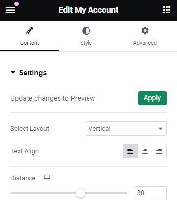 My Account Page content settings in Elementor