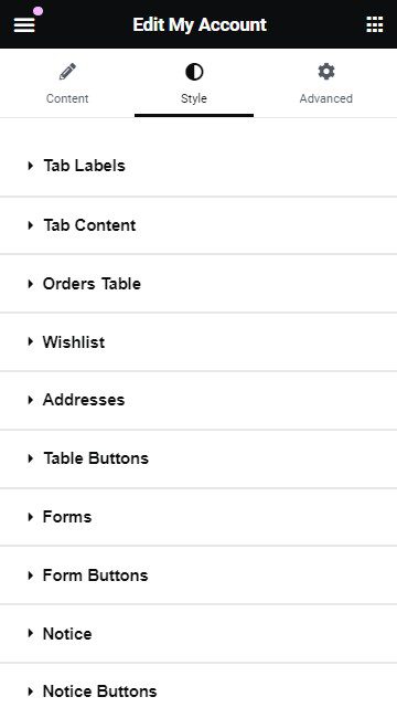My Account Page other style settings in Elementor