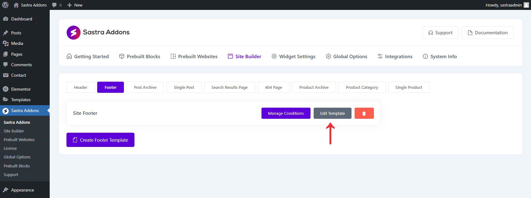 Customize Footer Spexo Elementor Addons