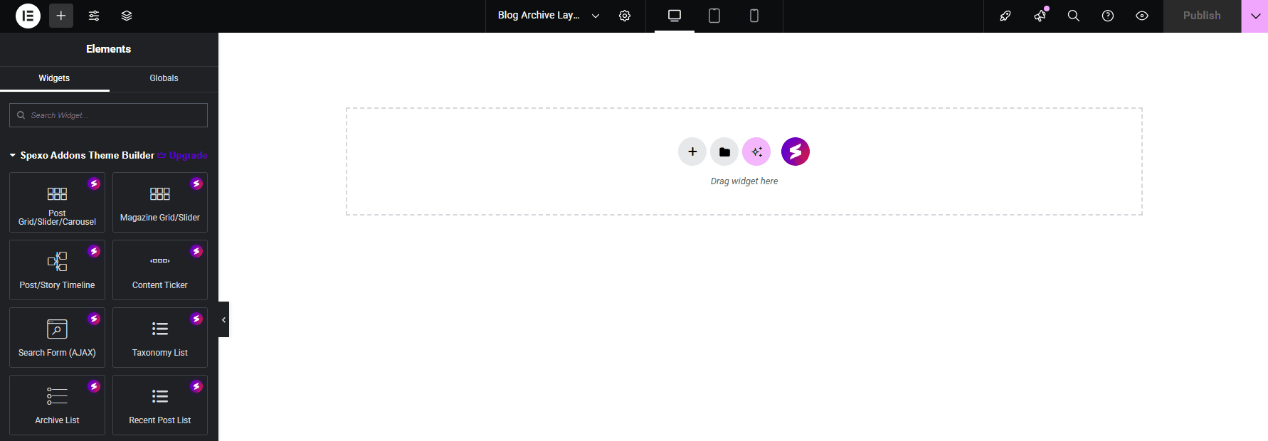 Spexo Addons Theme Builder editor designing a custom post archive layout