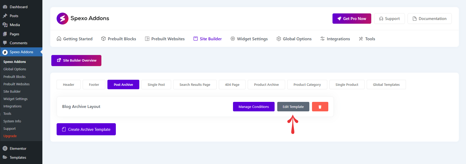 Edit an existing Post Archive Template from the Site Builder template list